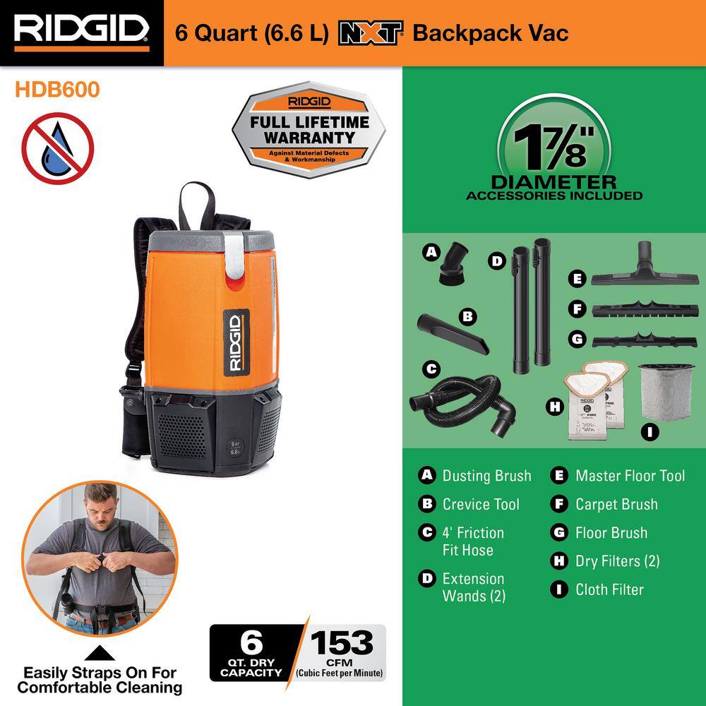 RIDGID 6 Qt. NXT Backpack Vacuum Cleaner with Filters and Locking Accessories for Dry Applications HDB600