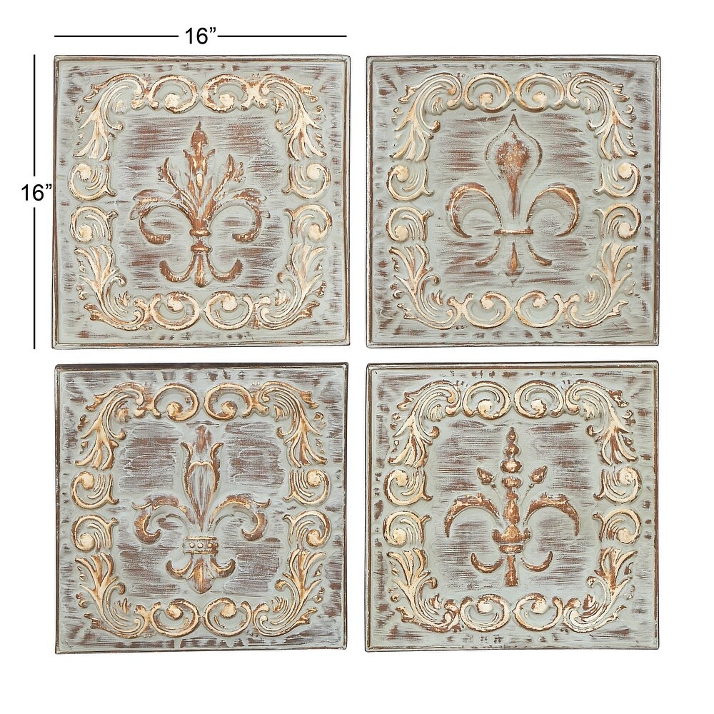 Brass Metal Embossed Fleur De Lis Wall Decor (Set of 4)