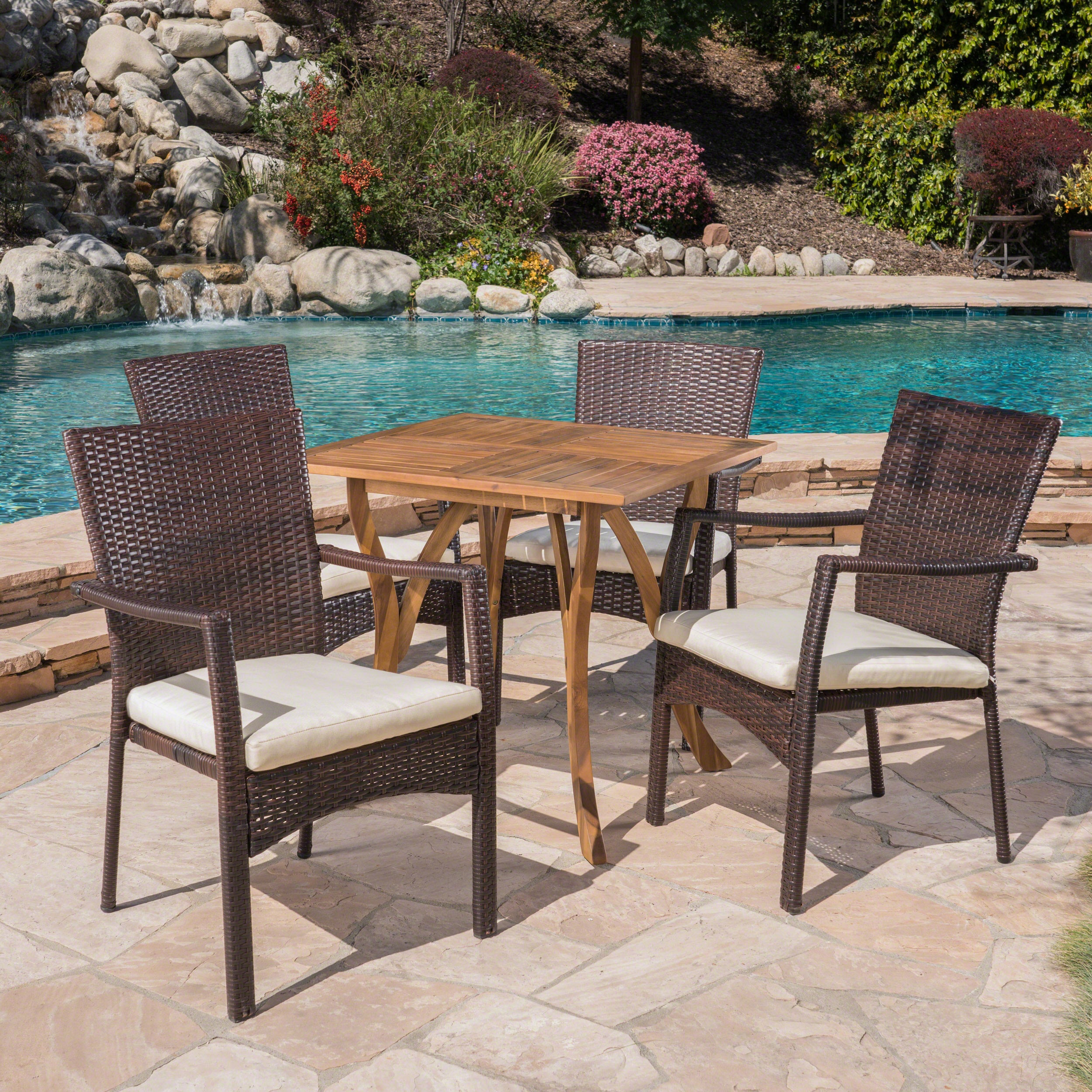 Alva Outdoor 5 Piece Acacia Wood/ Wicker Dining Set with Cushions