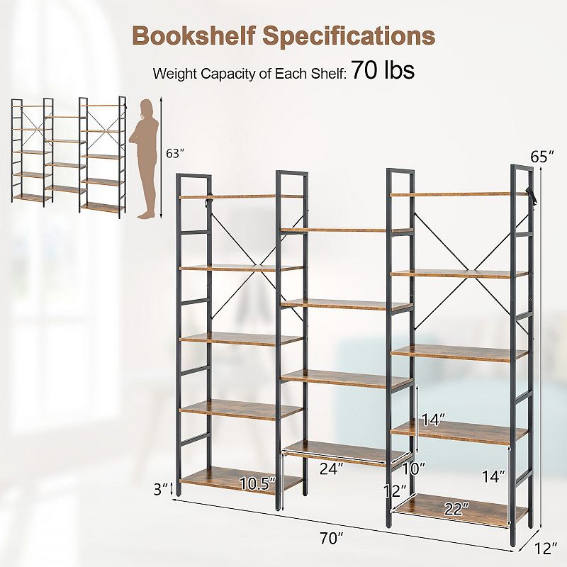 Large Triple Wide Floor Standing Bookcase Display Shelf with Metal Frame-Rustic Brown