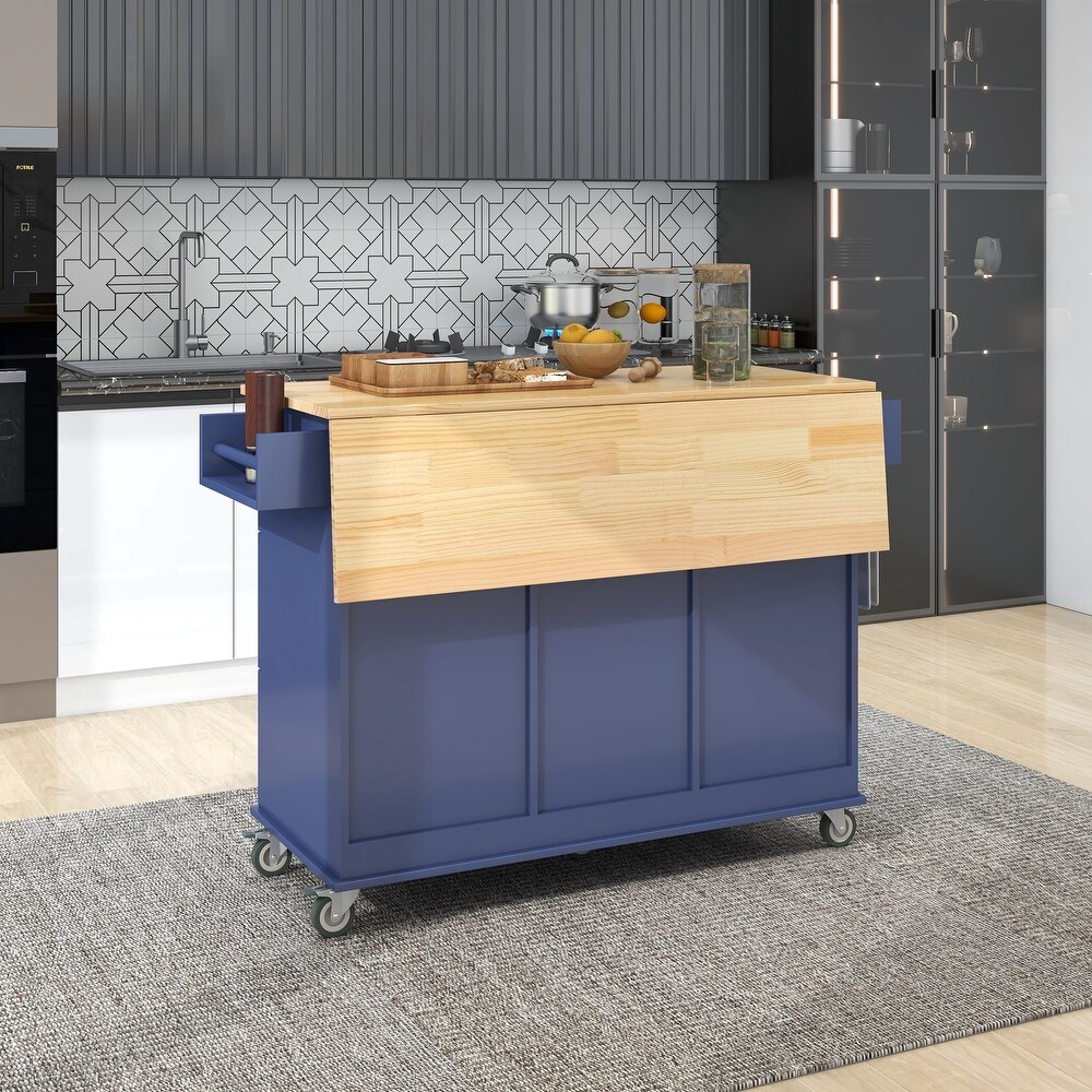 Rolling Mobile Kitchen Island with Drop Leaf   Solid Wood Top  Locking Wheels   Storage Cabinet and 3 Drawers