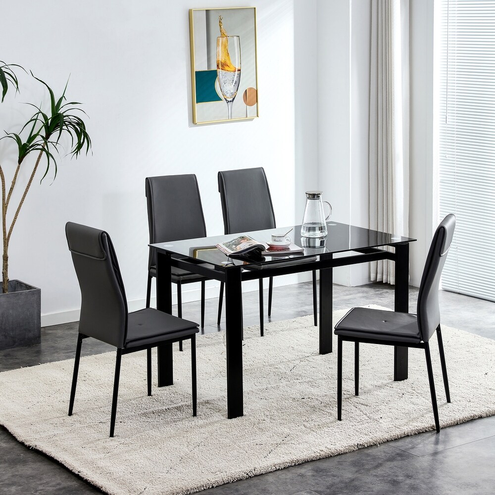 Kitchen Room Tempered Glass Dining Table with 4 Faux Leather Chairs