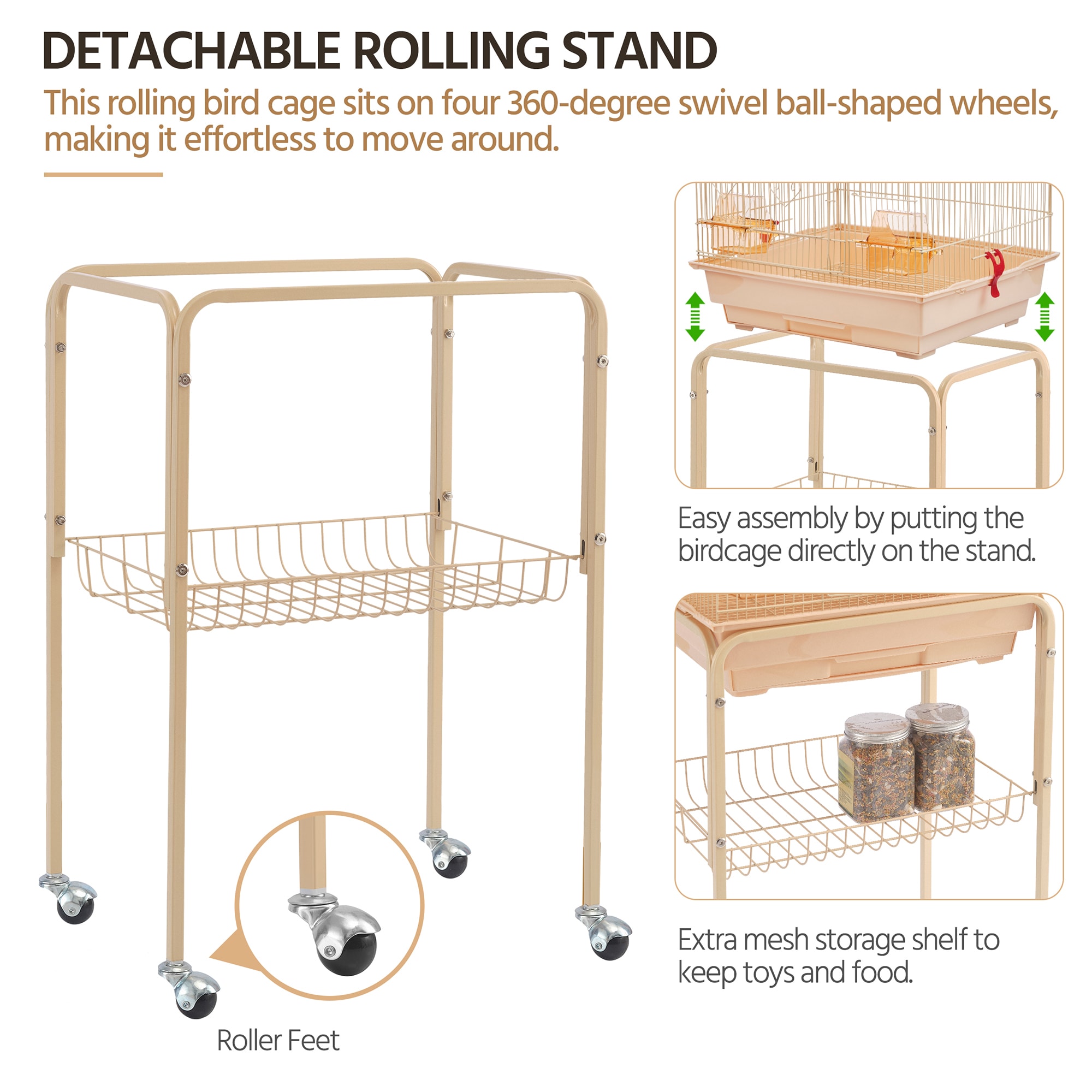 TOPEAKMART Almond Metal Bird Cage with Ladder Toy and Rolling Detachable Stand， 62.4 H