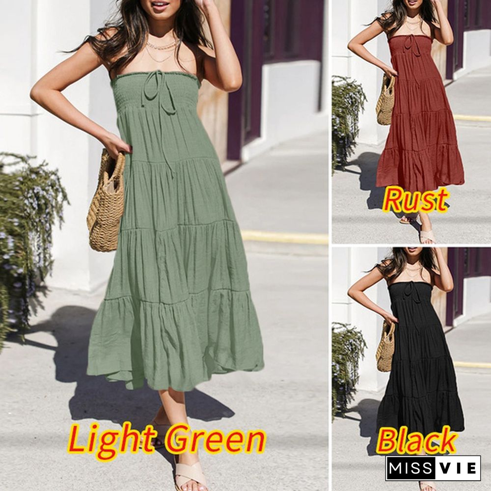 Women Summer Elastic Waist Casual Loose Party Evening Long Skirts Tiered Maxi Dresses