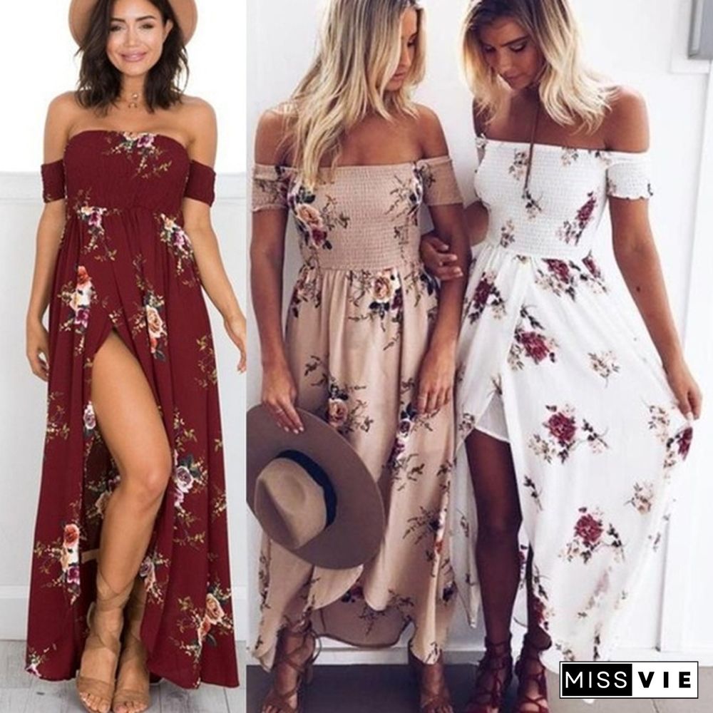 New Arrival Fashion Elegance Womens Party Wrap Chest Off Shoulder Loose Beach Printed Dress Slim Dress