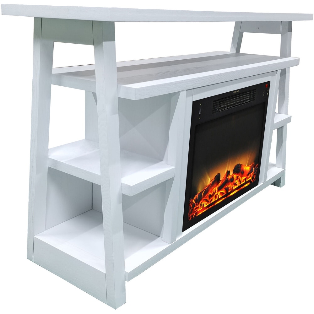 Cambridge 32 In. Sawyer Industrial Electric Fireplace Mantel with Realistic Log   Grate Insert and Color Changing Flames  White