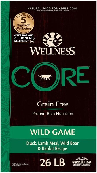 Wellness CORE Grain-Free Wild Game Duck， Lamb Meal， Wild Boar and Rabbit Dry Dog Food