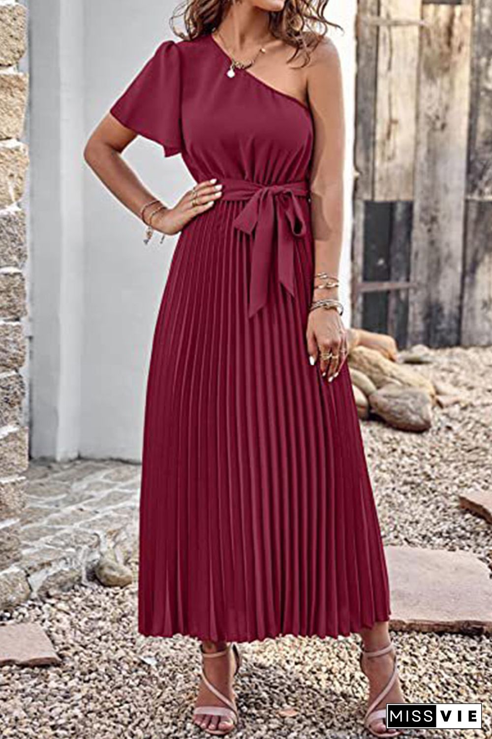 One SHoulder Short Sleeve Smock Maxi Dress