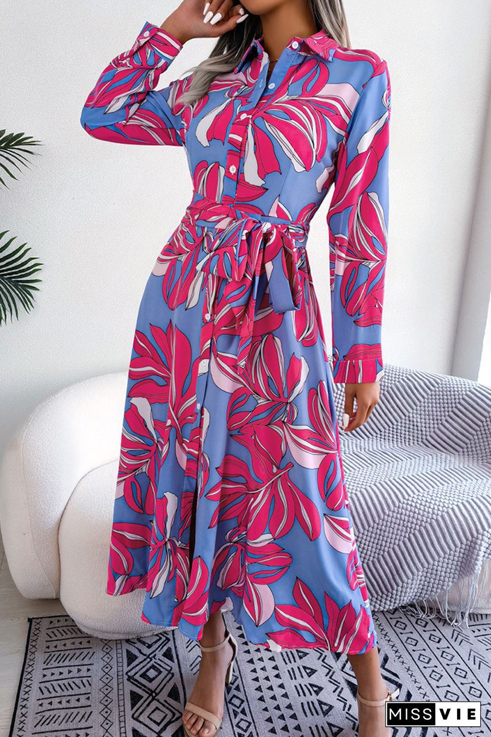 Contrast Print Button UP Split Shirt Dress