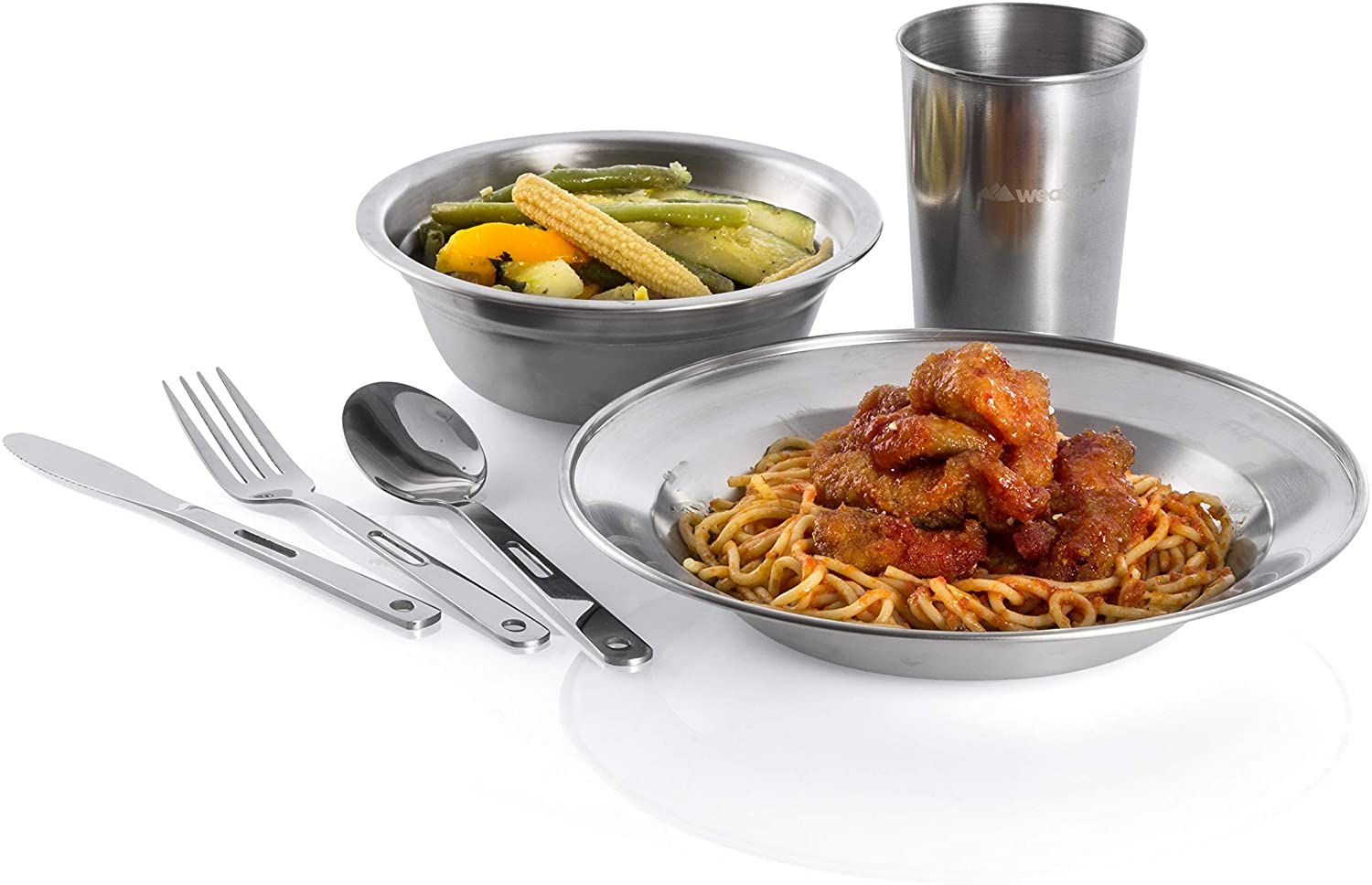 Wealers Unique Complete Messware Kit Polished Stainless Steel Dishes Set| Tableware| Dinnerware| Camping| Buffet| Includes - Cups | Plates| Bowls| Cutlery| Comes in Mesh Bags (4 Person Set)