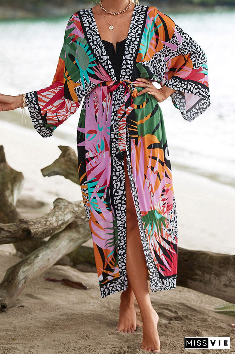 Colorblock Printing Beach Cover Up Kimono