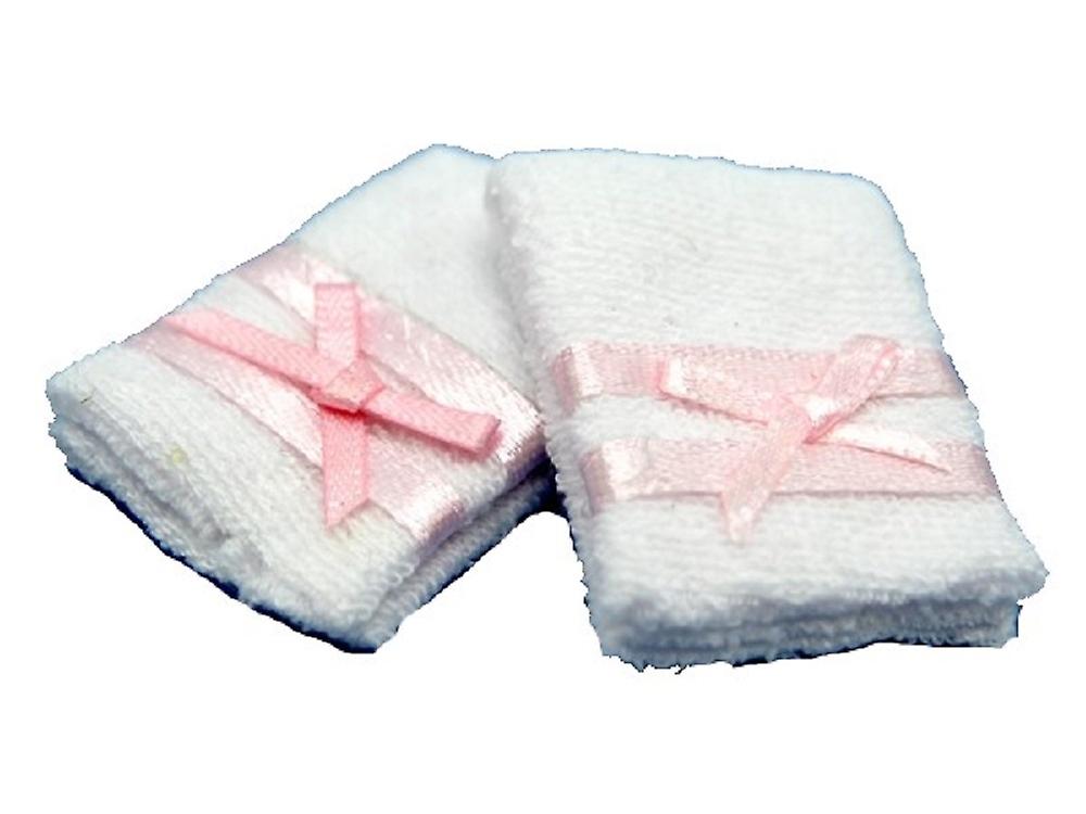 Dolls House Set Of 2 White Towels With Pink Ribbon Miniature Bathroom Accessory