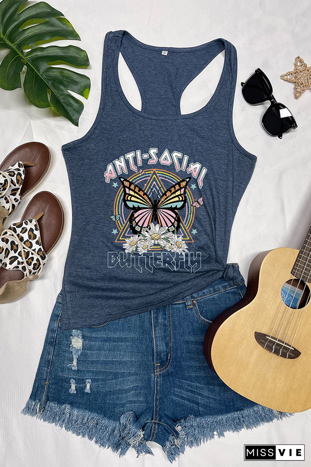 Retro Anti Social Butterfly Printed Sleeveless Tank Top Wholesale