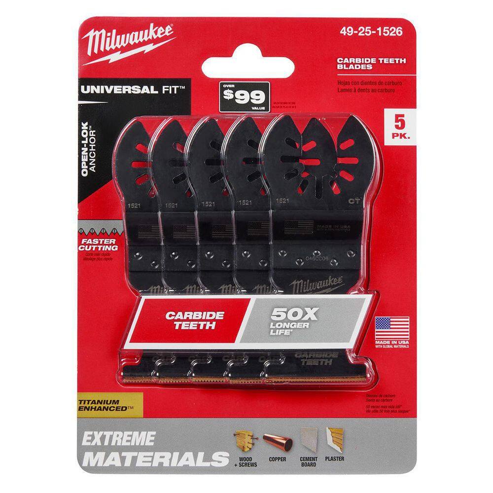 MW 1-38 in. Carbide Universal Fit Extreme Wood and Metal Cutting Multi-Tool Oscillating Blade (5-Pack) 49-25-1526