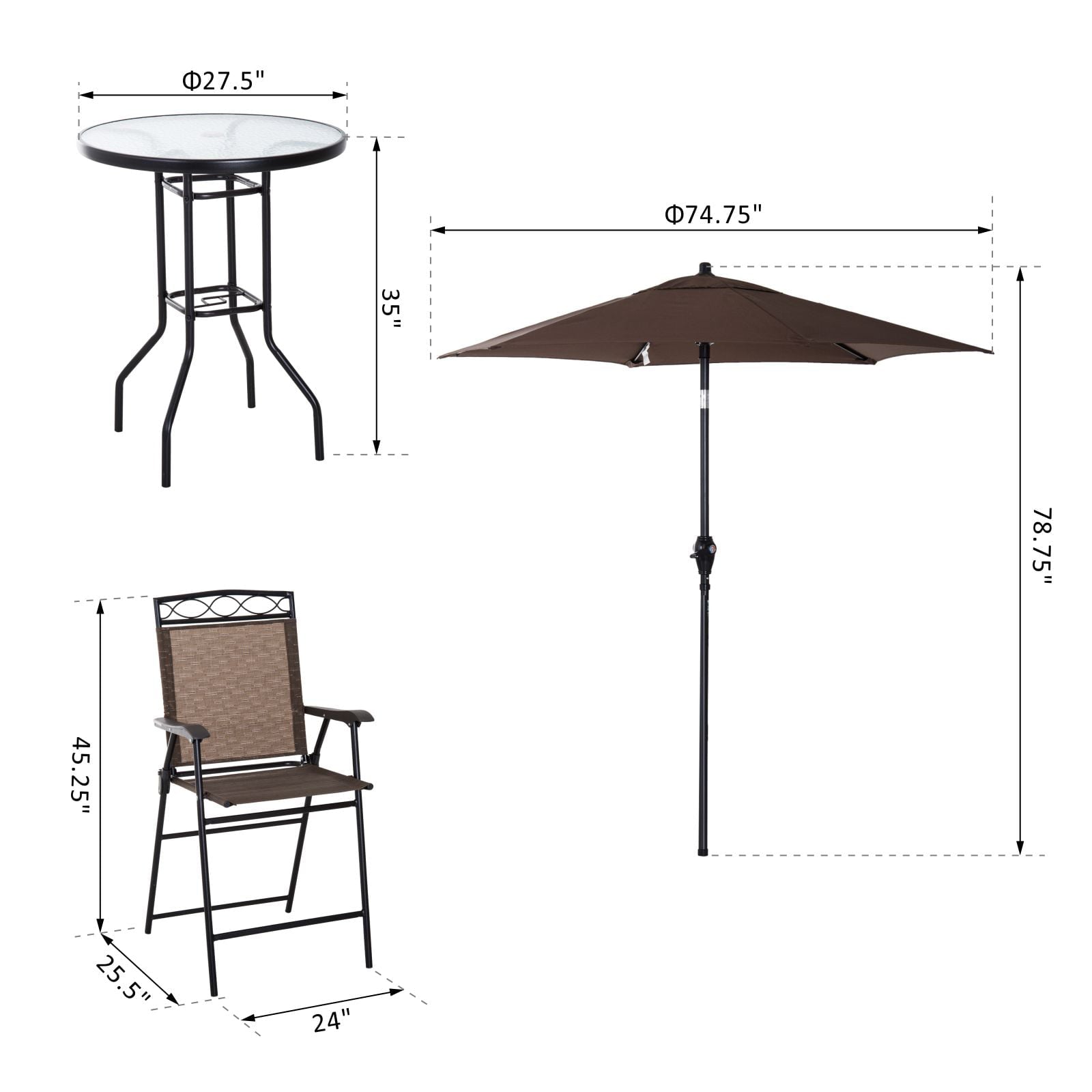 Outsunny 4 Piece Outdoor Patio Dining Furniture Set, 2 Folding Chairs, Adjustable Angle Umbrella, Wave Textured Tempered Glass Dinner Table, Brown