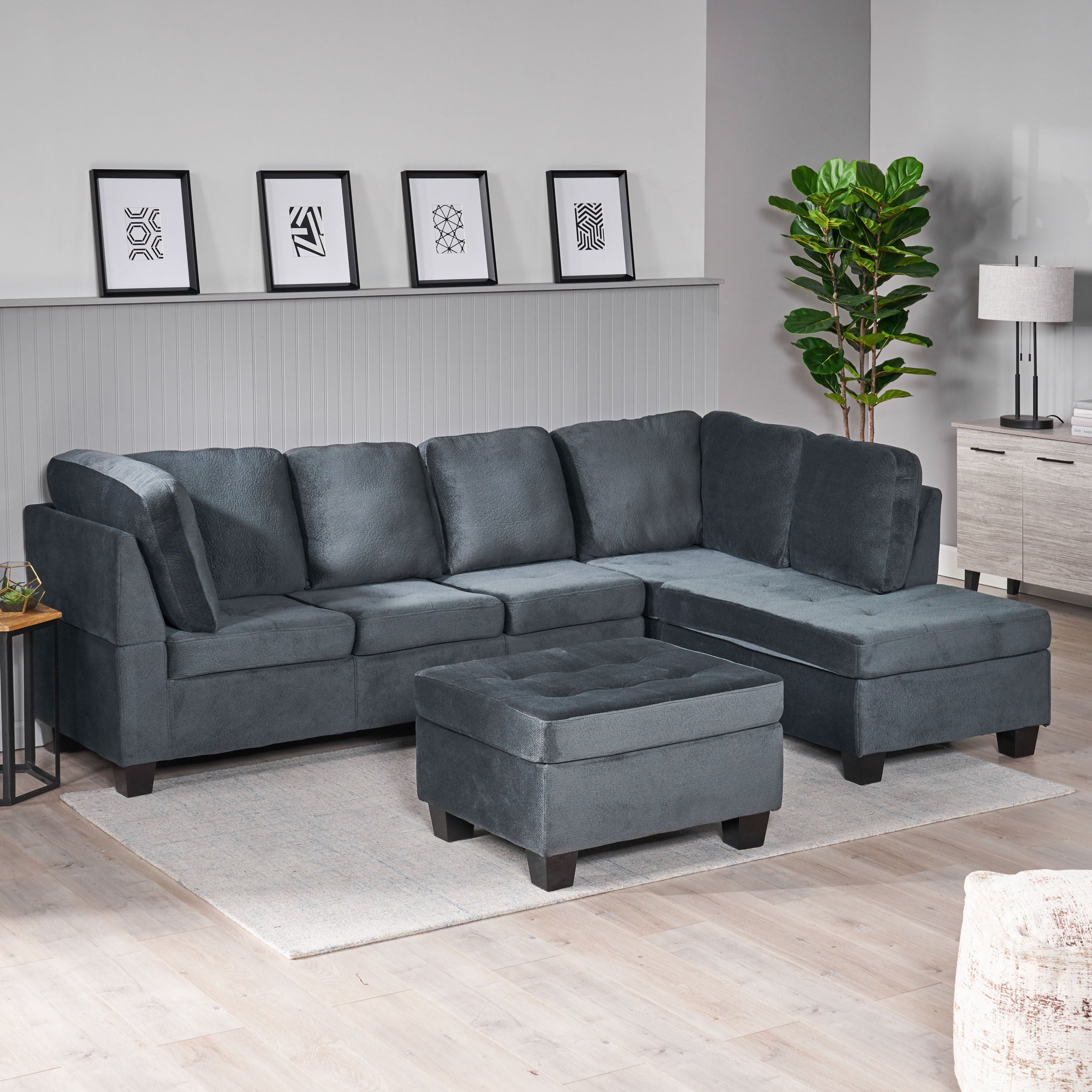 Noble House Victoria Residential Use 3 Piece Fabric Sectional Sofa Set, Charcoal