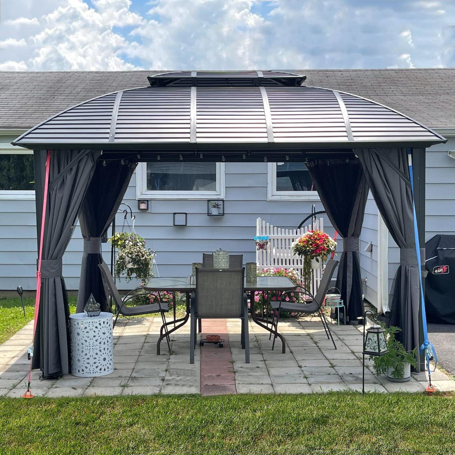 Domi Outdoor Living 10' x 12' Hardtop Gazebo Outdoor Aluminum Gazebo Arc Grill for Patios Deck Backyard,Galvanized Steel Double Roof,Curtain&Netting