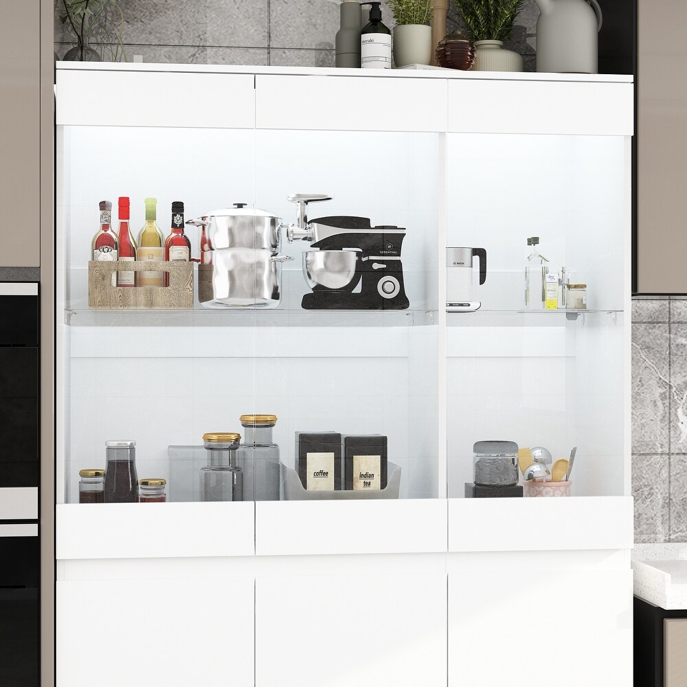 Storage Cabinet with LED Light Kitchen Pantry Cabinet with Glass Doors   47.2\