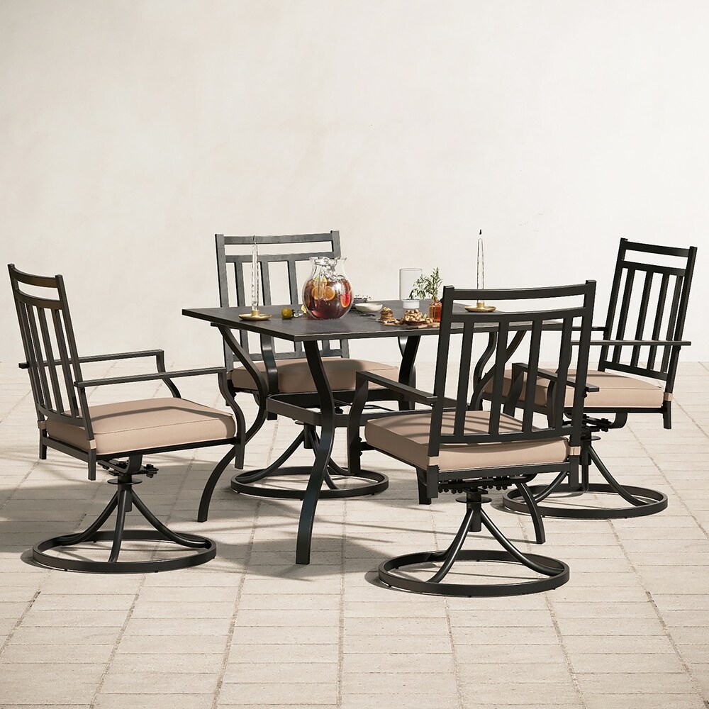 MFSTUDIO Dining Set 5 PCS Patio Furniture Set  4 x Patio Swivel Chairs with 1 Square Mesh Metal Table with Umbrella Hole