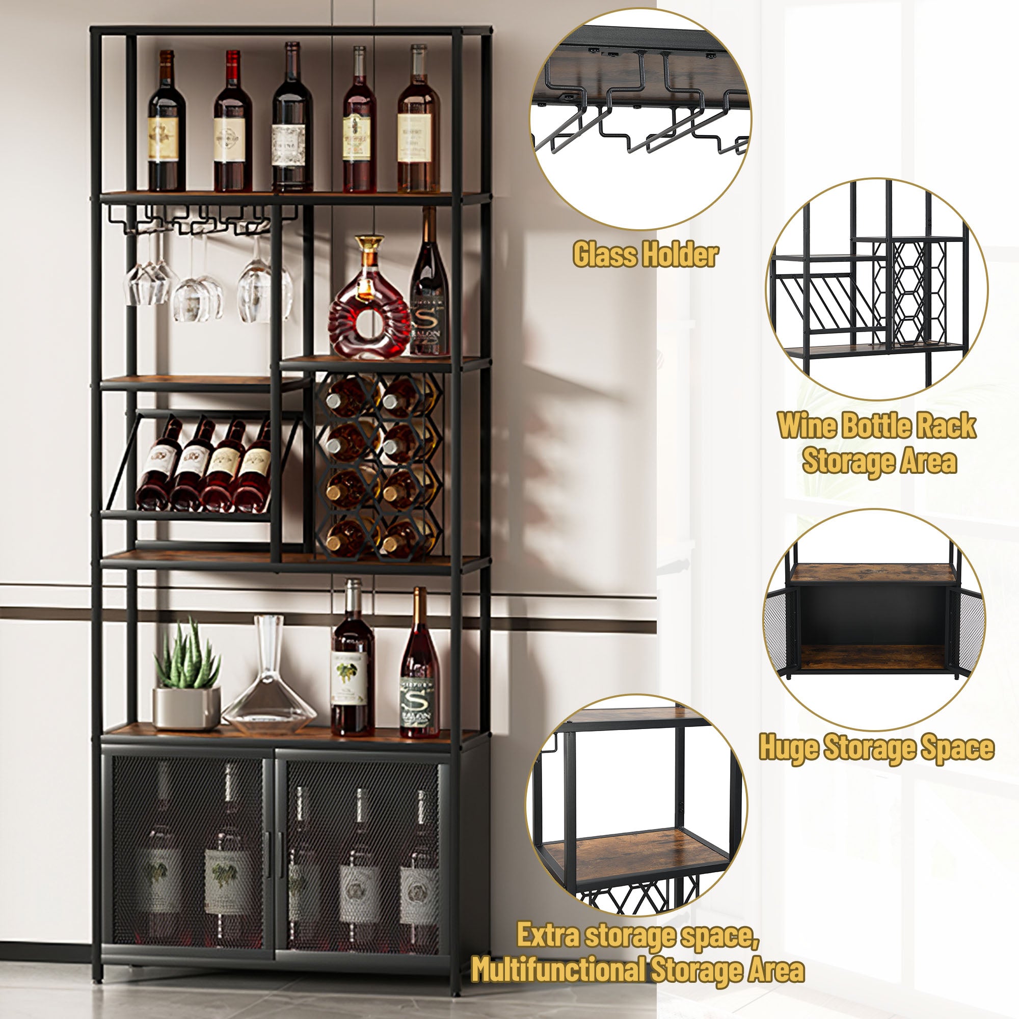 Industrial Vertical Wine Rack with Glass Shelves, 82.7 inch Tall Freestanding Floor Standing Bar Cabinet