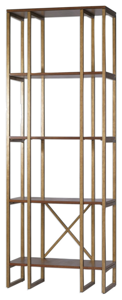 Elegant Simple Gold Walnut Wood Etagere  4 Shelf Tall Book Shelves Minimalist   Transitional   Bookcases   by My Swanky Home  Houzz