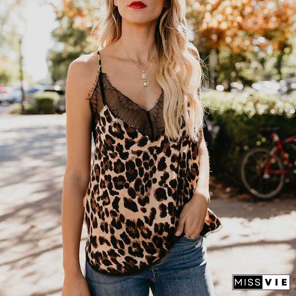 Retro Print Snake Leopard Lace Cami Tank Spaghetti Top