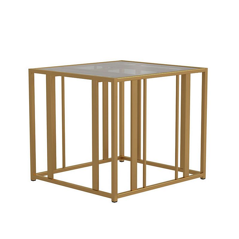 Glass Top End Table with Metal Tubular Base， Brass