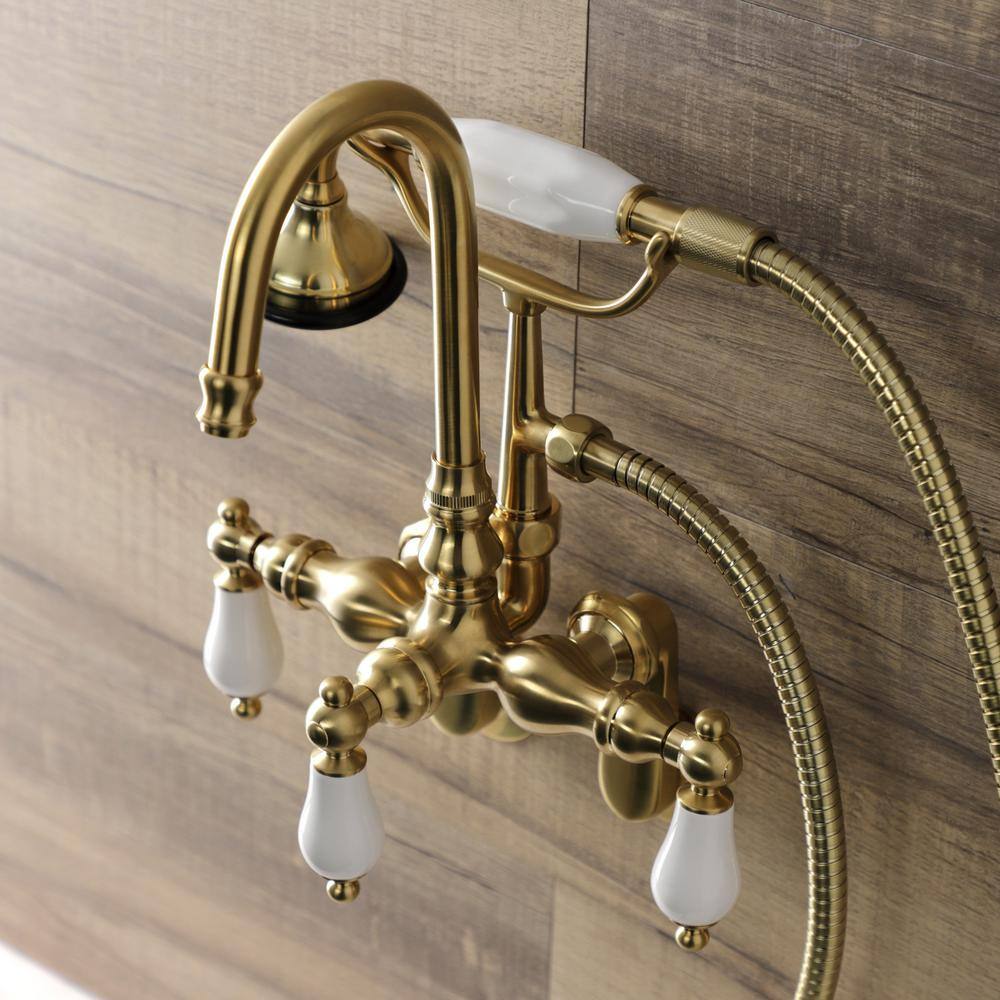 Kingston Brass Aqua Vintage Wall Mount 3-Handle Claw Foot Tub Faucets in Brushed Brass HAE305T7