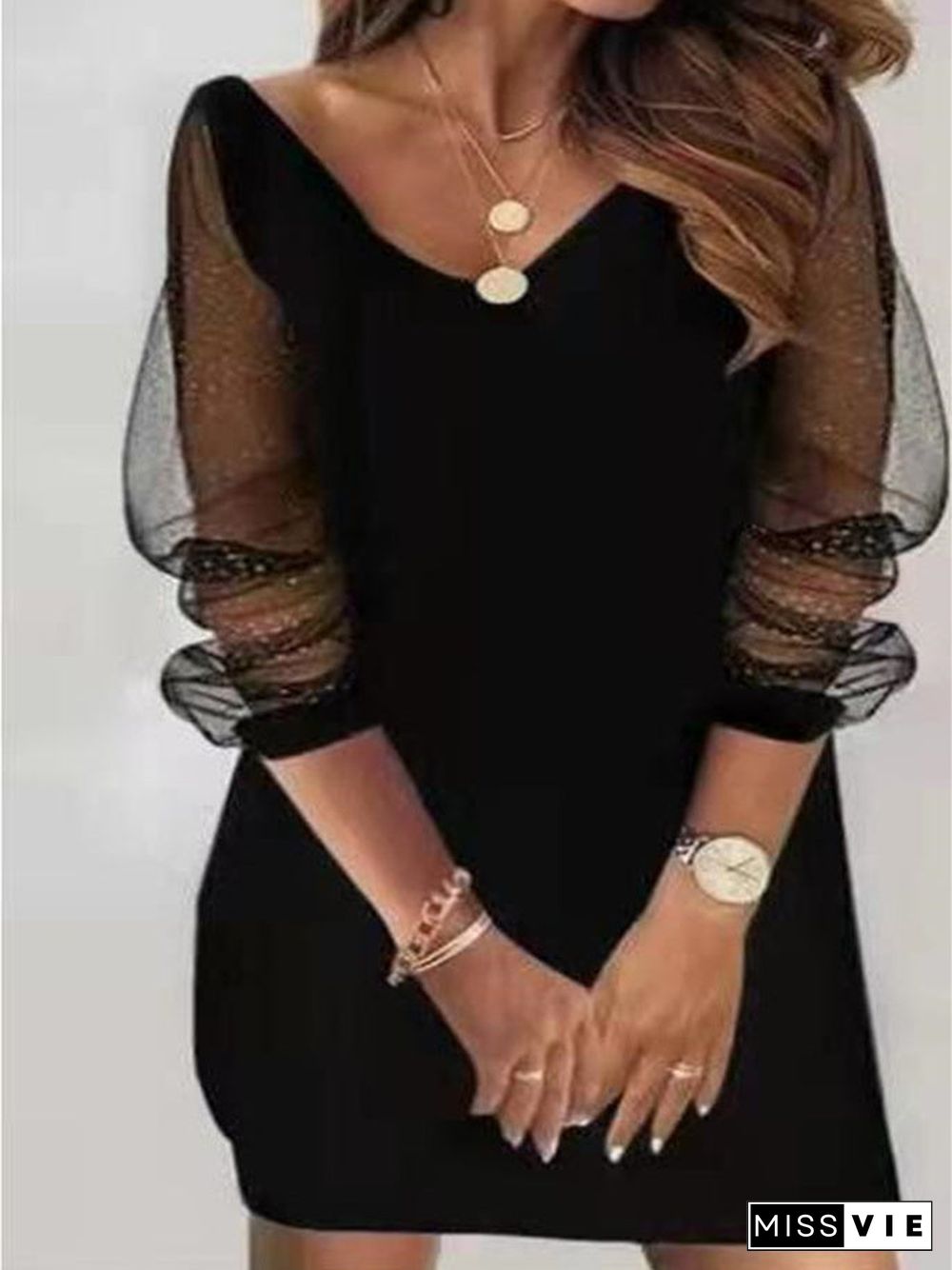 Women's Long Sleeve V-neck Stitching Graphic Midi Dress