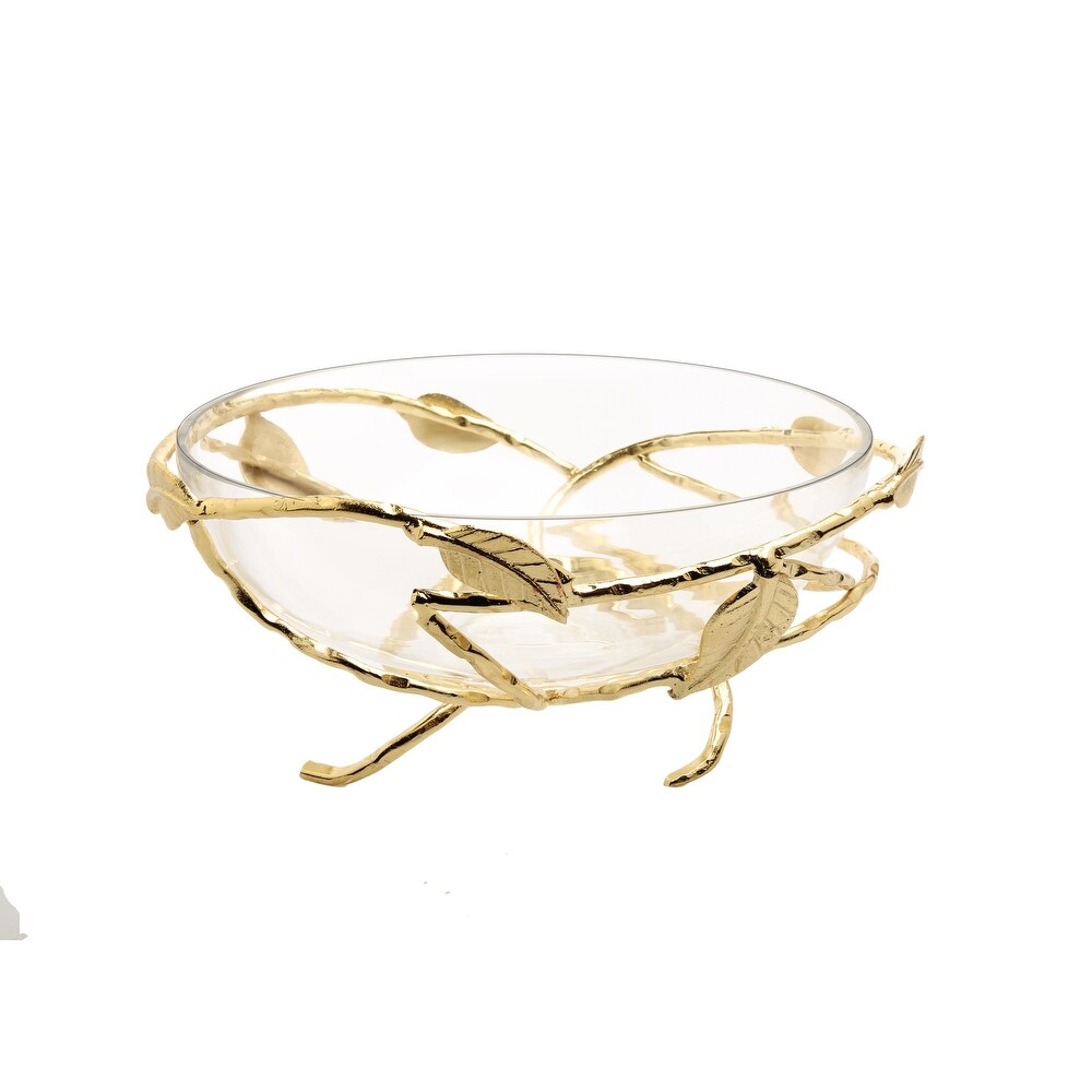 Glass Salad Bowl with Gold Brass Leaf Decoration Base