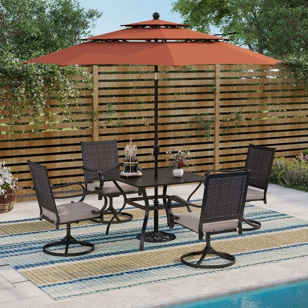 MAISON ARTS 5/7piece Patio Dining Set，4/6 Rattan Swivel Chairs with Cushion and 1 Metal Table with Umbrella Hole