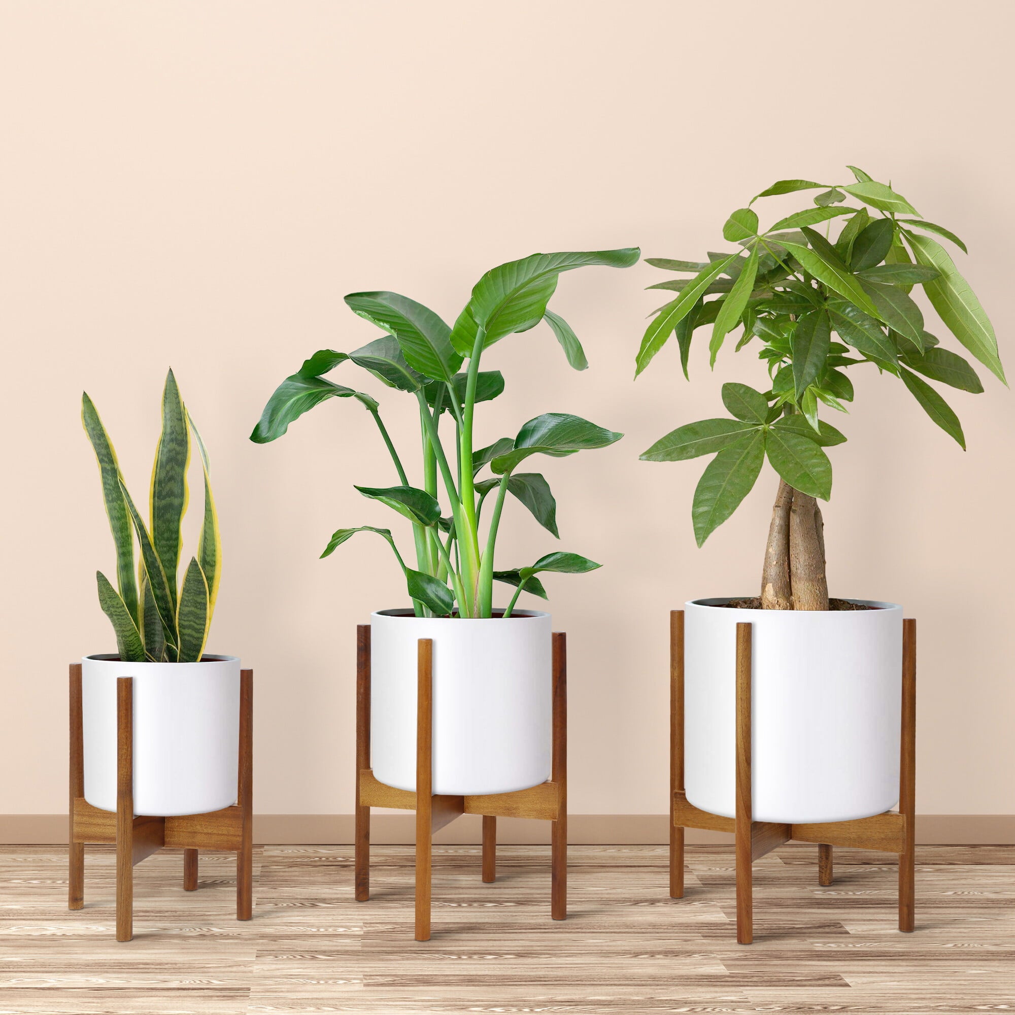 HomGarden Set of 3 Bamboo Plant Stand Set, Modern Adjustable Wooden Flower Pot Holder Brown