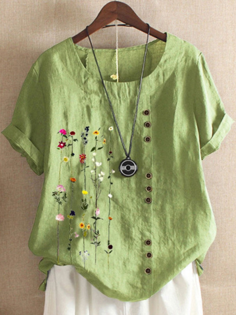 Retro Cotton And Linen Printed Short-Sleeved Blouse