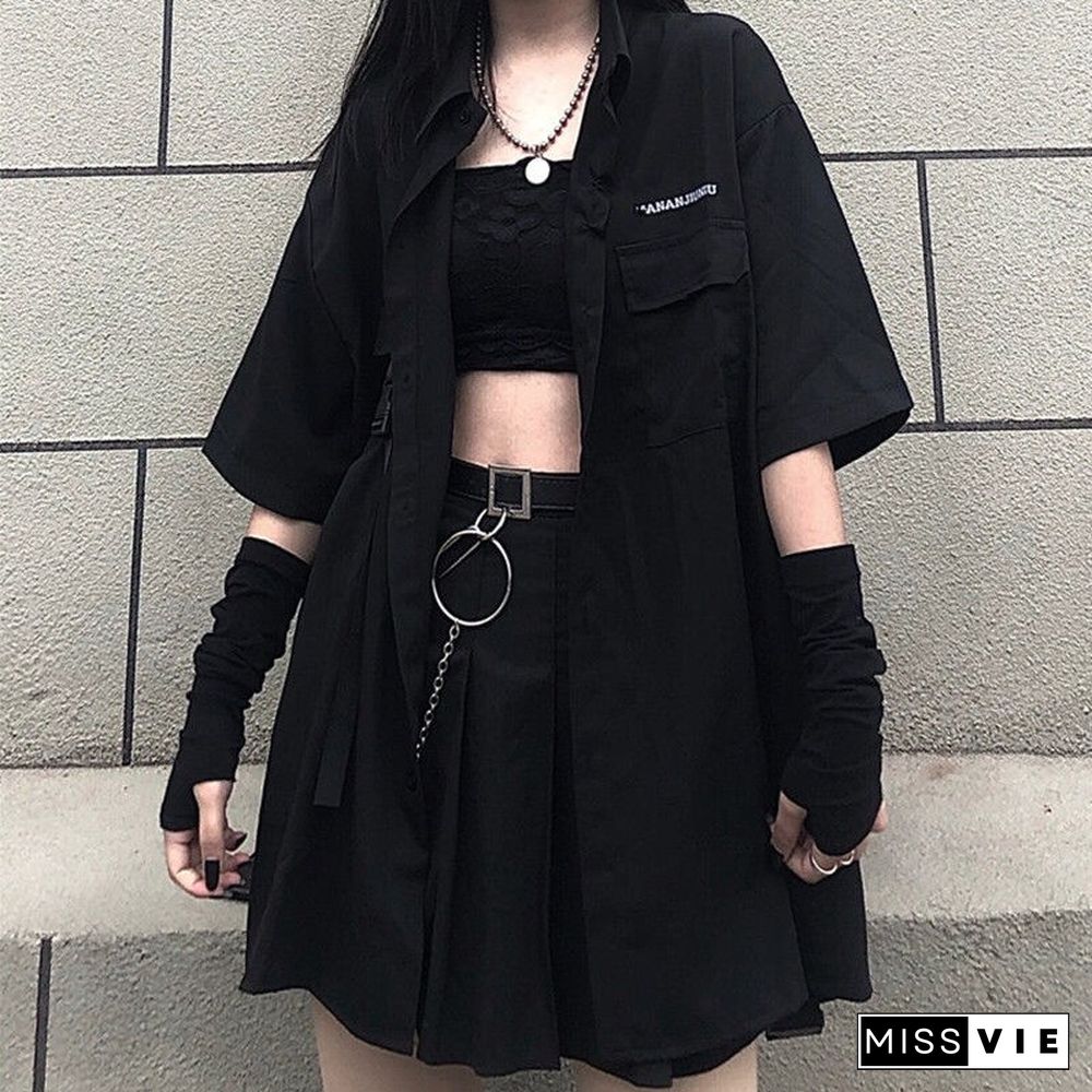 Vintage Loose Solid BF Gothic Two Piece Set Women Summer Casual Korean Button Shirt And Black Pleated A-line Mini Yk2 Skirt