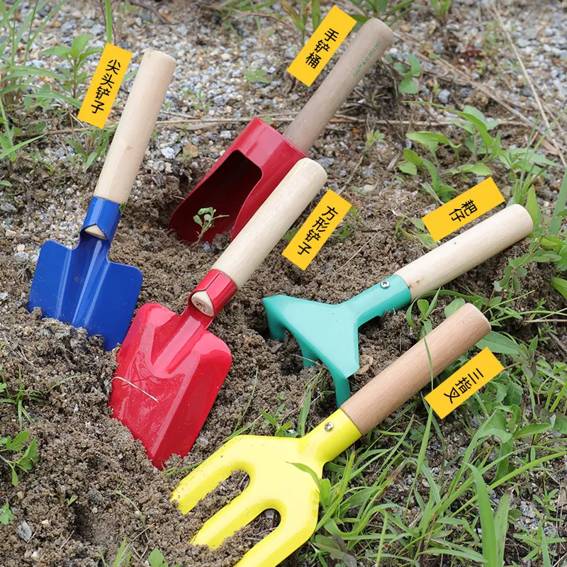 Wholesales  Durable Colorful Carbon Steel Wood Handle 6 Pcs Garden Mini Child Tool Set Kids Hand Garden Tools Kit