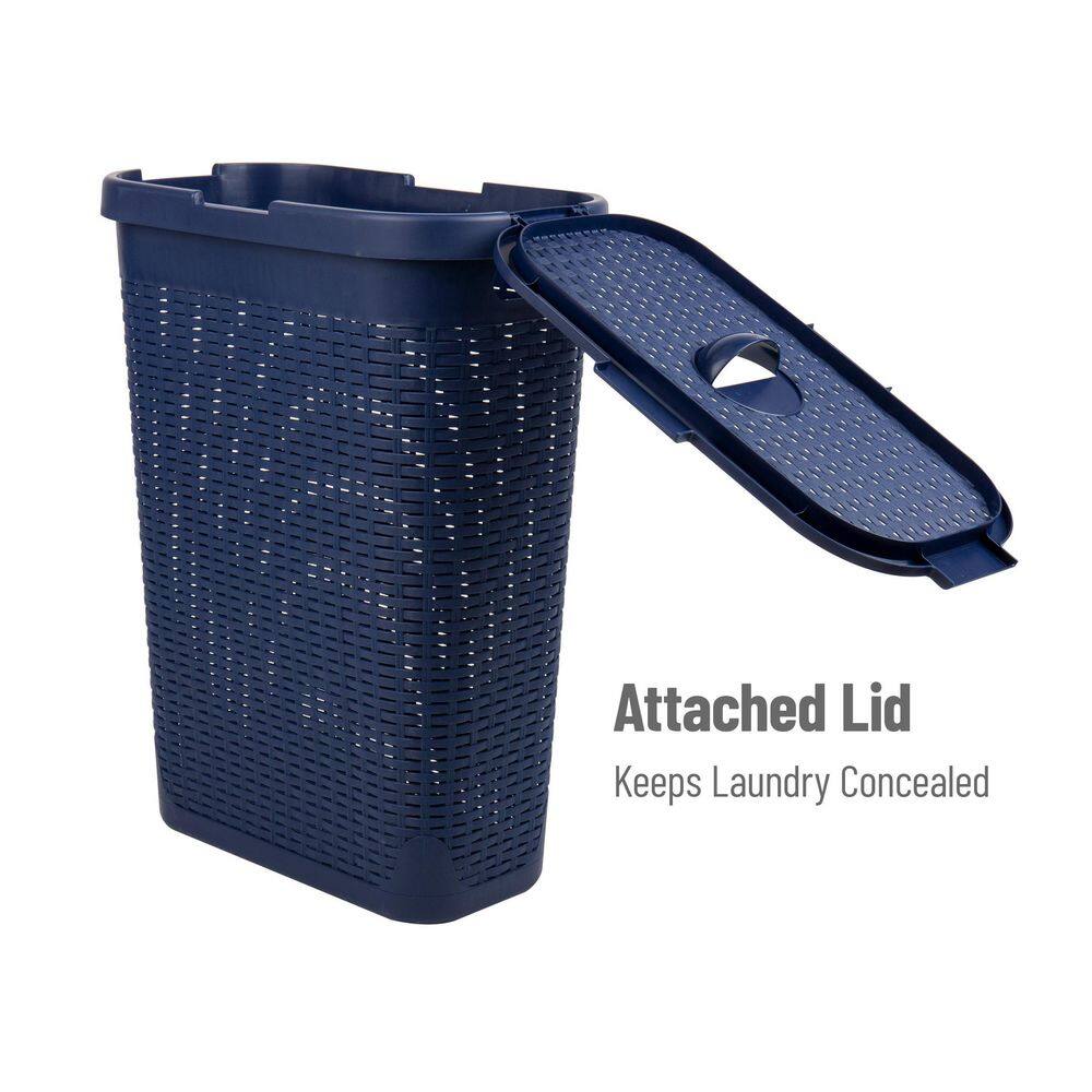 Mind Reader Basket Collection Slim Laundry Hamper 40 Liter (15kg33lbs) Capacity Attached Hinged Lid Navy 40HAMP-NVY