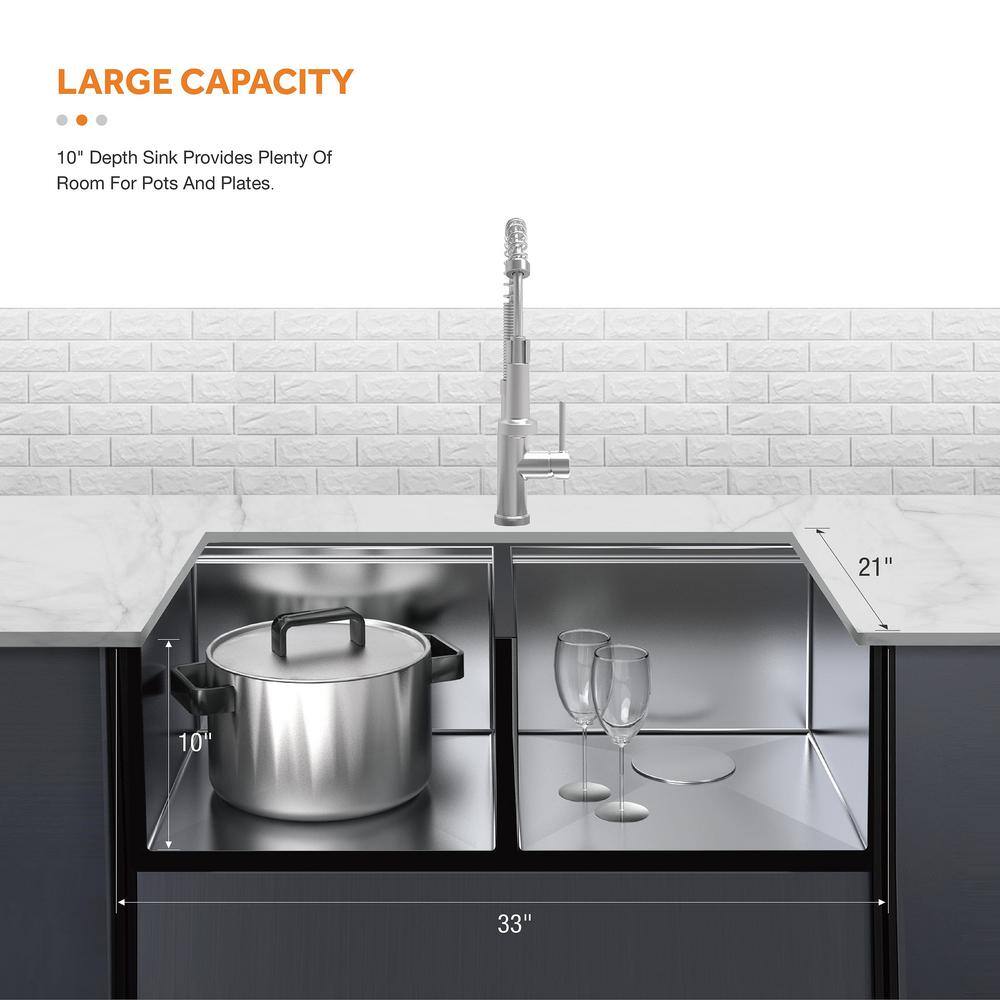 Glacier Bay Professional 33 in Farmhouse ApronFront 16G Double Bowl Workstation Stainless Steel Kitchen Sink with Spring Neck Faucet FSU1ZAS3321A0SA