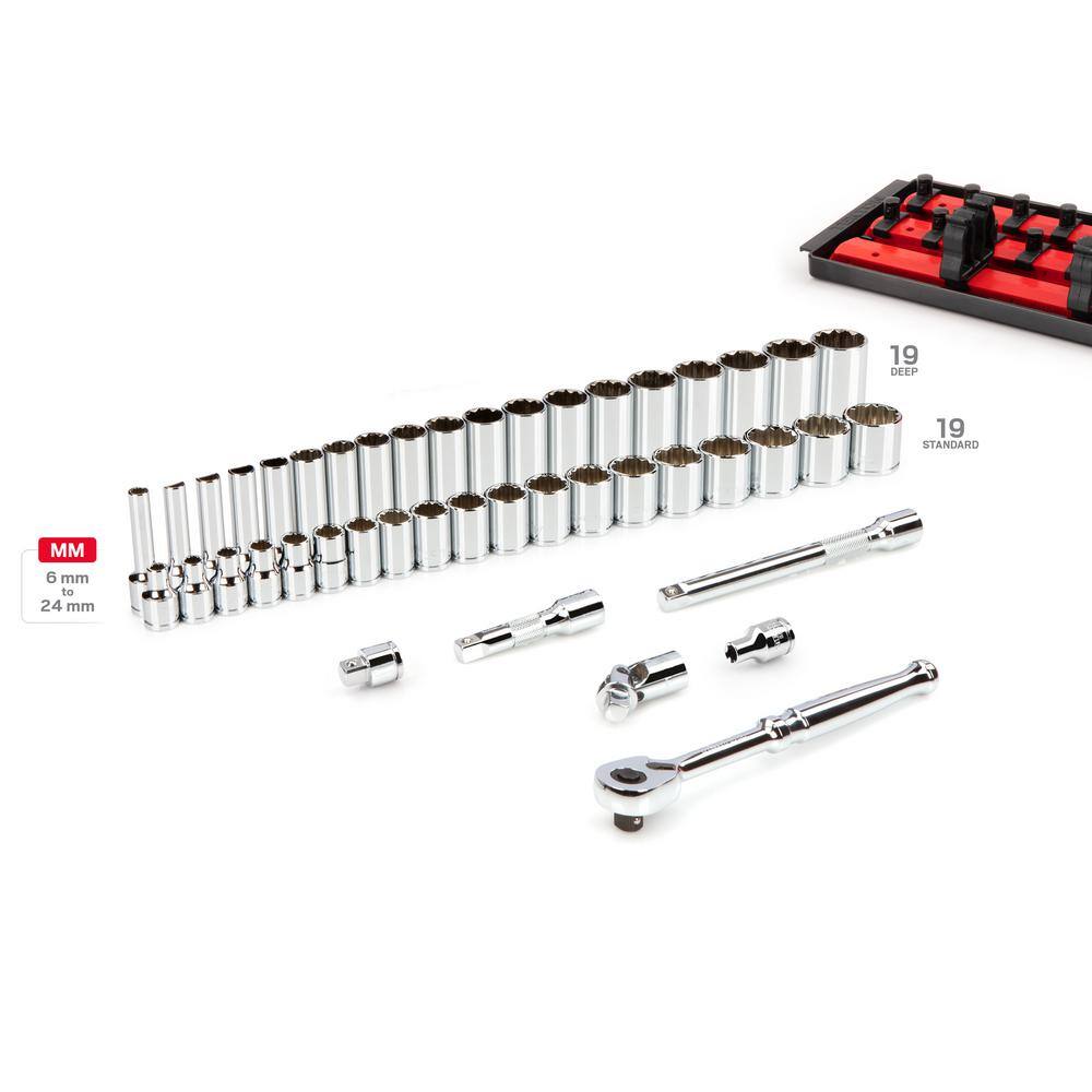 TEKTON 38 in. Drive 12-Point Socket and Ratchet Set with Rails (6 mm-24 mm) (44-Piece) SKT13202