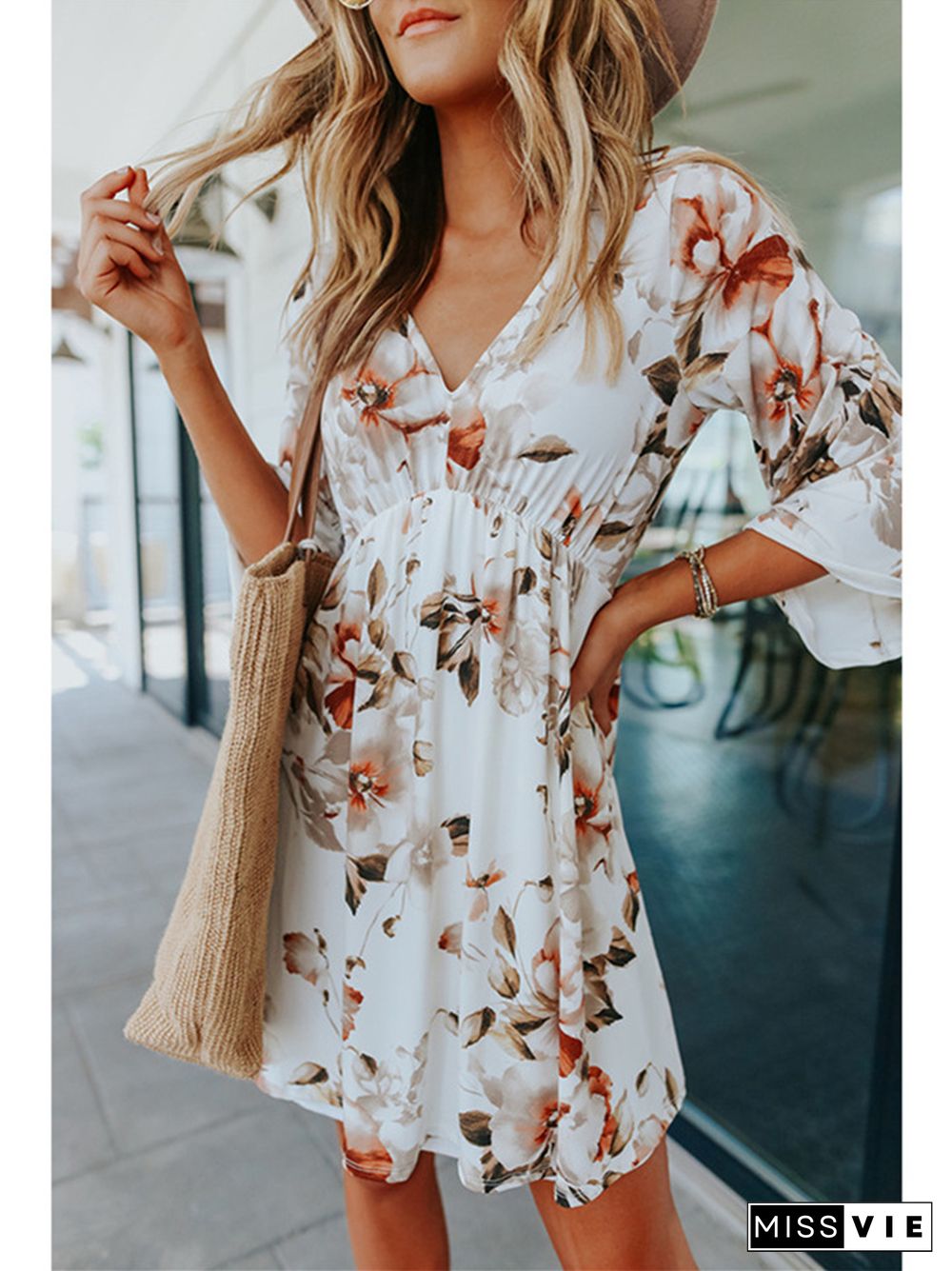 Floral Dress V-neck Pullover Knee Length Skirt