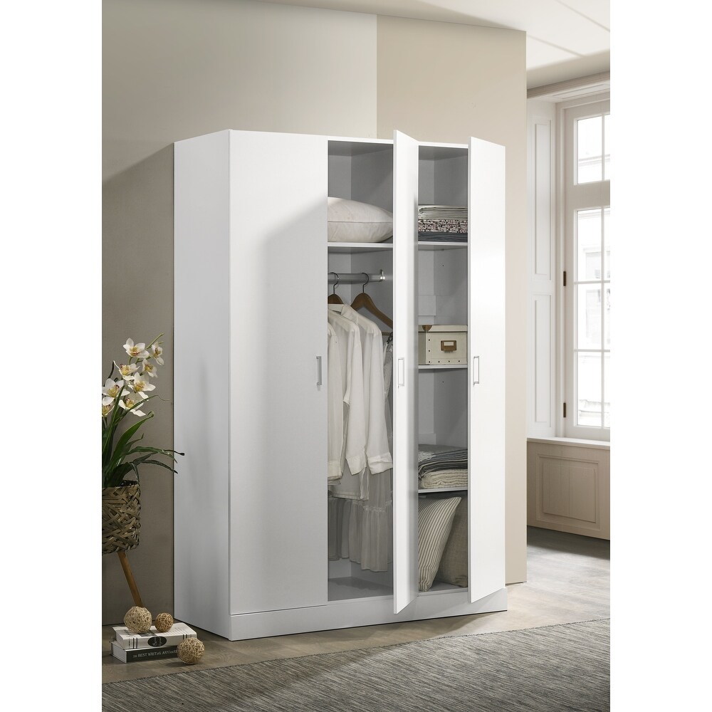 Declan White 3 Door Wardrobe Cabinet Armoire with Storage Shelves and Hanging Rod