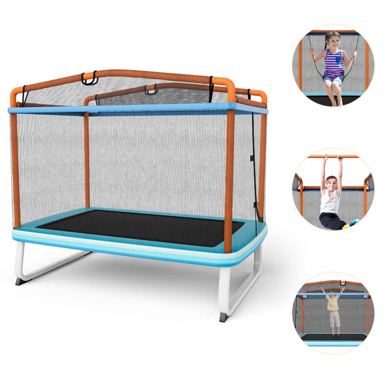 3-in-1 6Ft Rectangle Kids Trampoline with Swing & Horizontal Bar, ASTM Approved Small Trampoline w/Safety Net