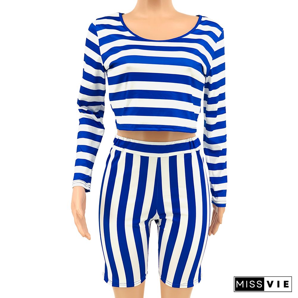 Striped Long Sleeve Crop Top and Shorts Plus Size Sets