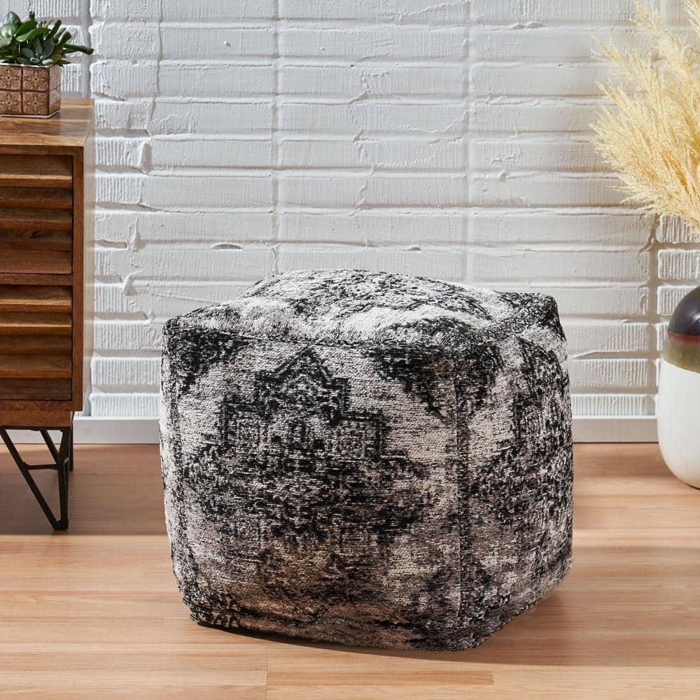 Noble House Decker Black and Beige Fabric Cube Pouf 82637