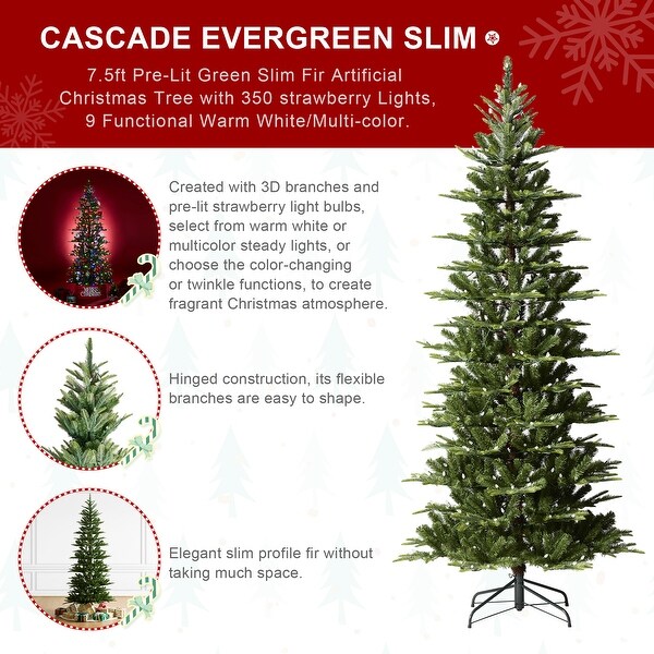 Glitzhome 7.5ft/9ft PreLit Evergreen Slim Fir Artificial Christmas Tree With Strawberry Lights