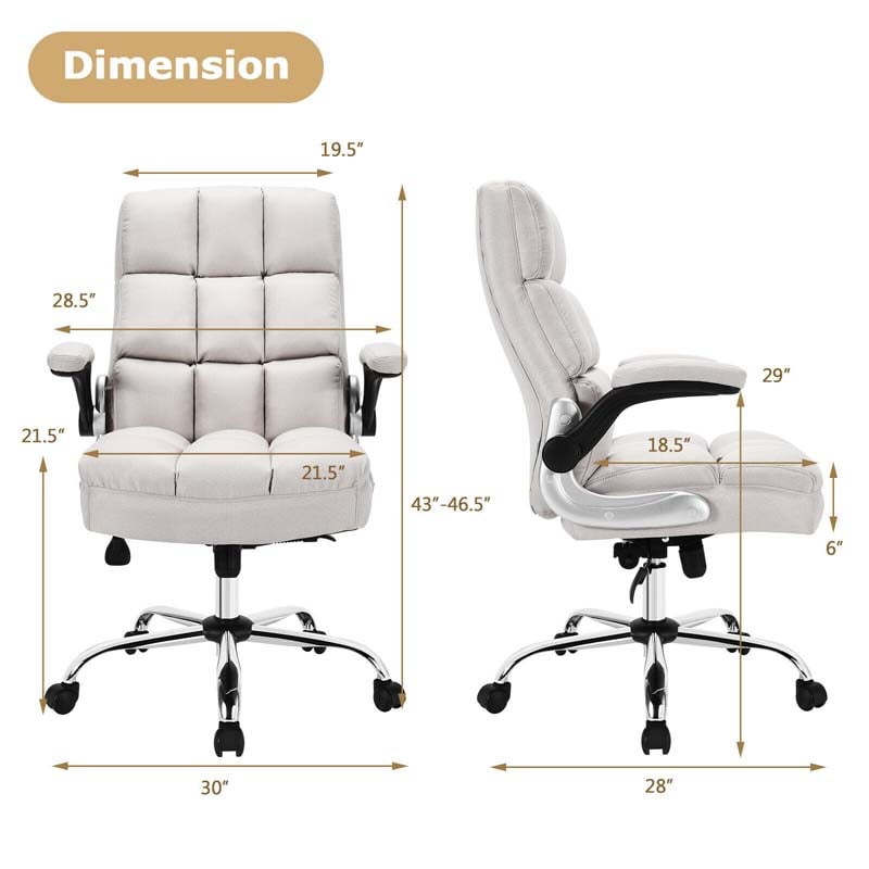 Linen Fabric Thick Padding Big & Tall Executive Office Chair with Flip-up Armrest, Swivel High Back Computer Desk Chair