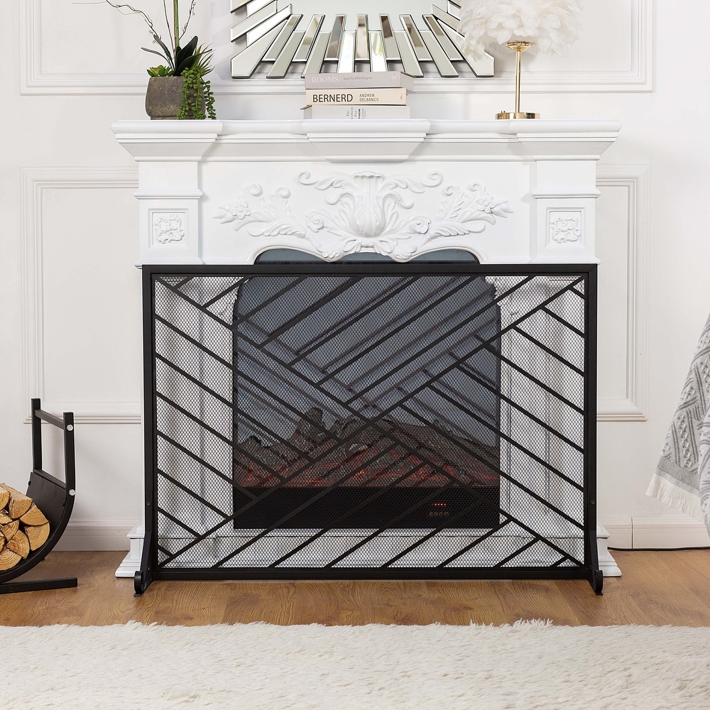 Contemporary Single Panel Black Straight Line Pattern Iron Fireplace Screen    41.73'' x 12.20'' x 29.33''