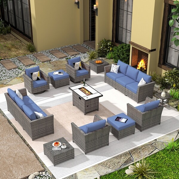 HOOOWOOO 16piece Outdoor Patio Grey Wicker Rattan Furniture Sectional Set with Fire Pit Table