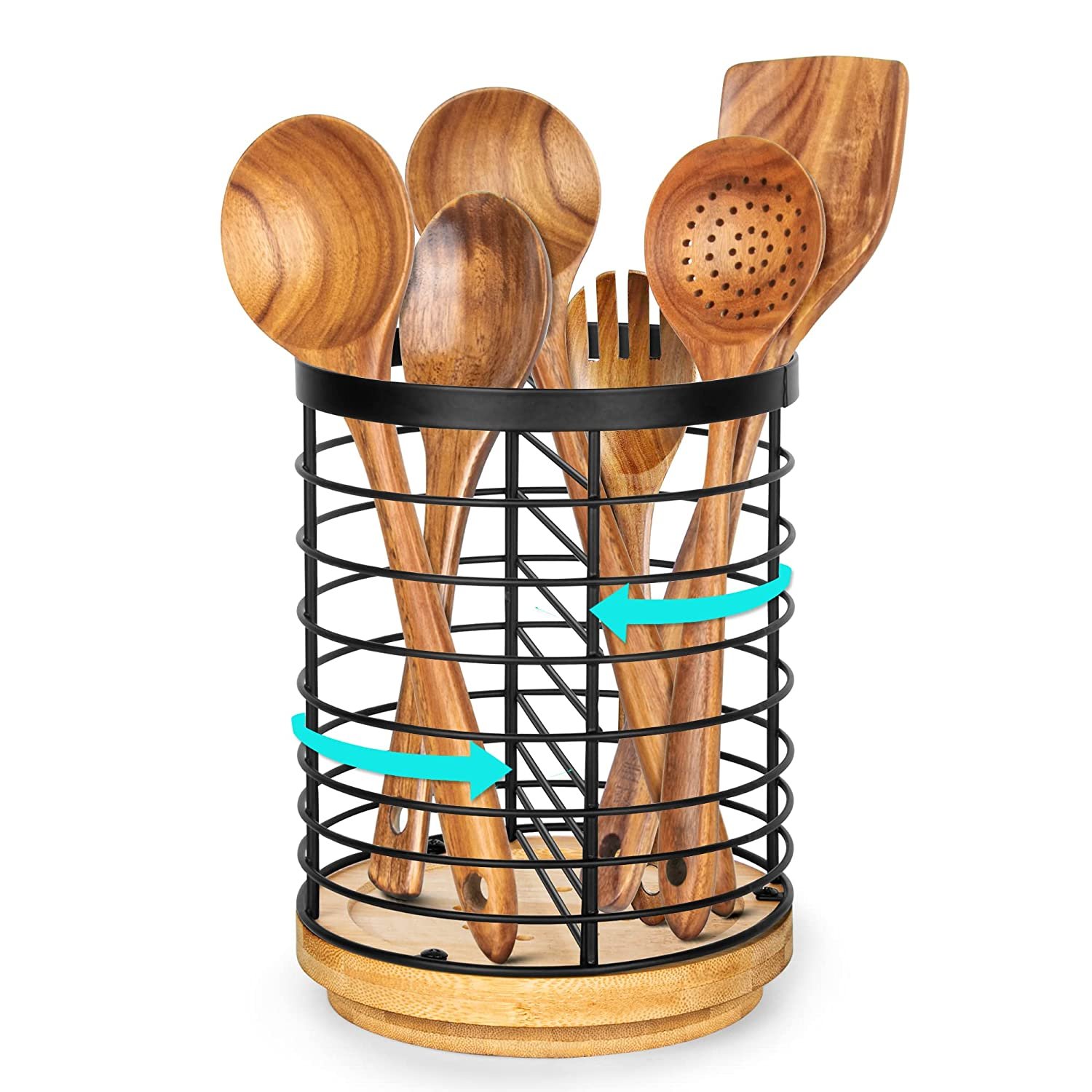 Utensil Holder For Kitchen Counter， Cooking Utensils Holder， Black Metal+Wooden Base Utens