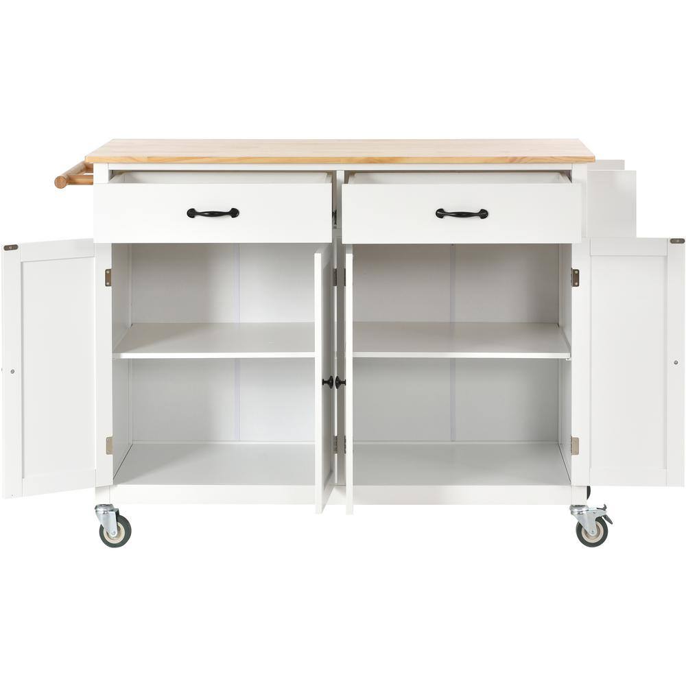 White Solid Wood Top 54.3 in. W Kitchen Island on 4-Wheels with 4-Door Cabinet and 2-Drawers VJ0310KIsland32