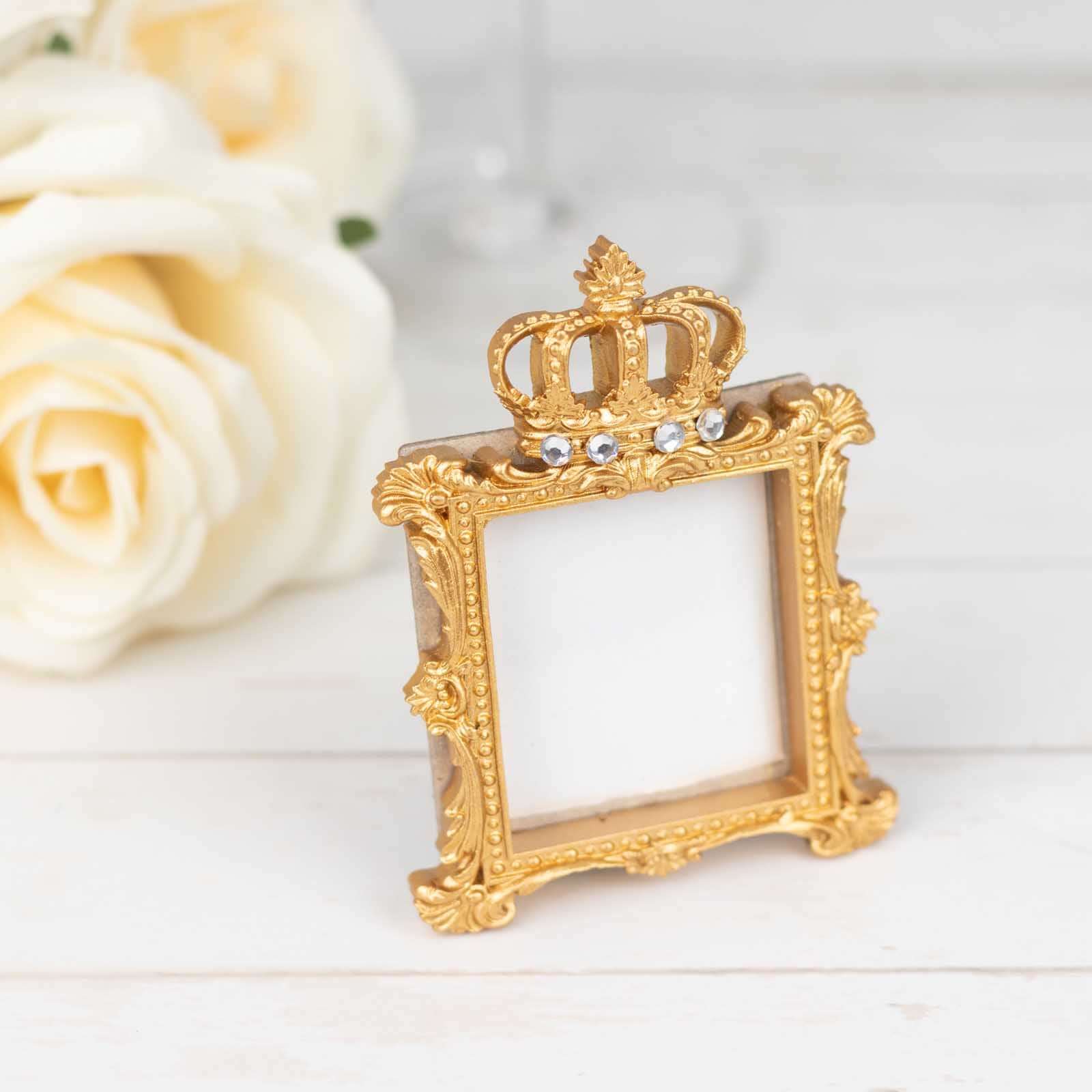 4 Pack Gold Resin Royal Crown Square Party Favors Picture Frame, Baroque Wedding Place Card Holders - 3.5